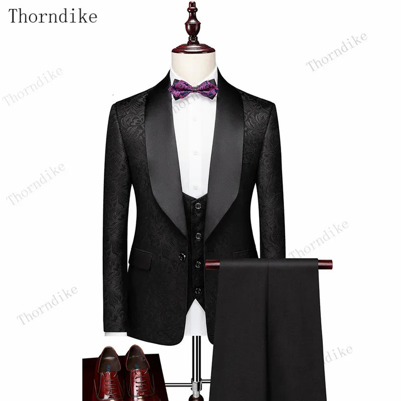 Thorndike Mens Wedding Suits White Jacquard With Black Satin Collar Tuxedo3 Pcs Groom Terno Suits For MenJacketVestPants 251020
