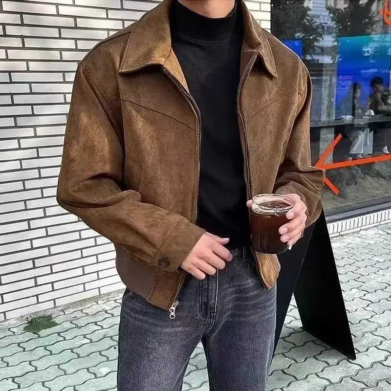 Versatile Vintage American Style Chamois Leather Jacket For Men Brown Coffee Maillard Matching Cropped Lapel Autumn Winter Seaso W251023