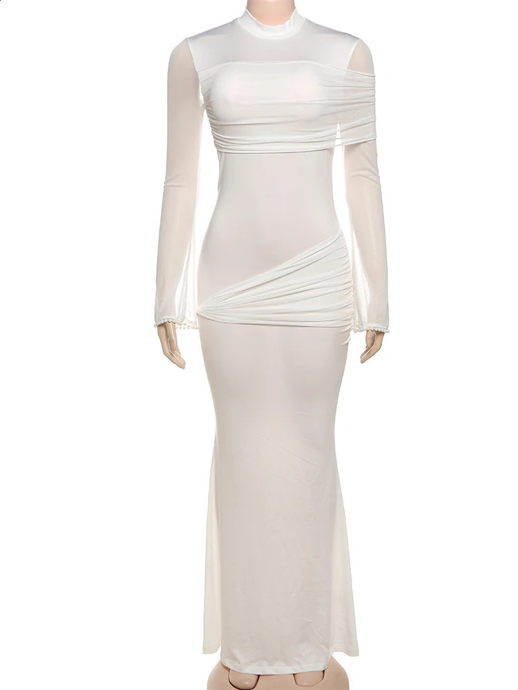 Nibber oNeck Maxi Dress Women Mesh Long Sleeves Folds Elegant Temperament Autumn Trend Skinny Solid Banquet Simple Vestidos 251022