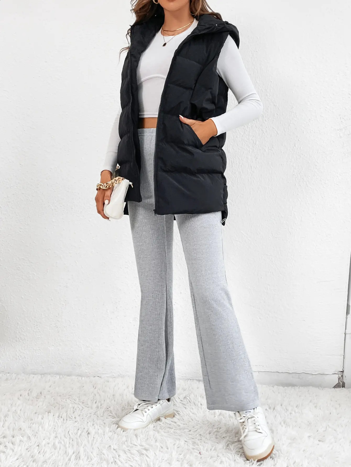 Crossborder Foreign Trade Europe and the United States Solid Color Cotton Jacket Hooded Long Zipper Vest Coat Female 251018