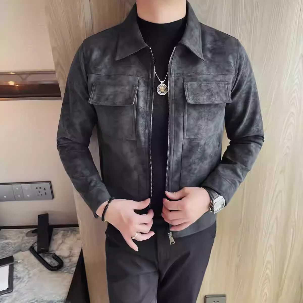 Frosted PU Leather Jacket For Men Fashion Front Pockets Decor Turn Down Collar Mens Casual Jackets and Coats Slim Fit All Match W251023