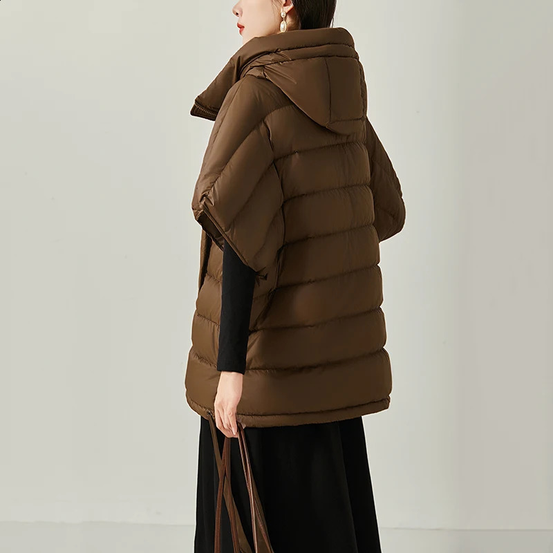 Schinteon Women 90 White Duck Down Irregular Vest with Hood Sleeveless Jacket Solid Fashionable Autumn Winter Top 251022