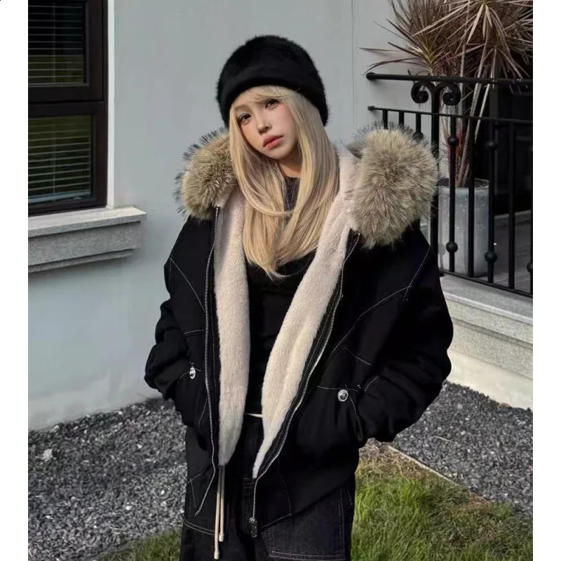 Winter American Retro Parka Coat down Cotton Faux Rabbit Fur Large Collar Hooded Versatile Womens Jacket 251022