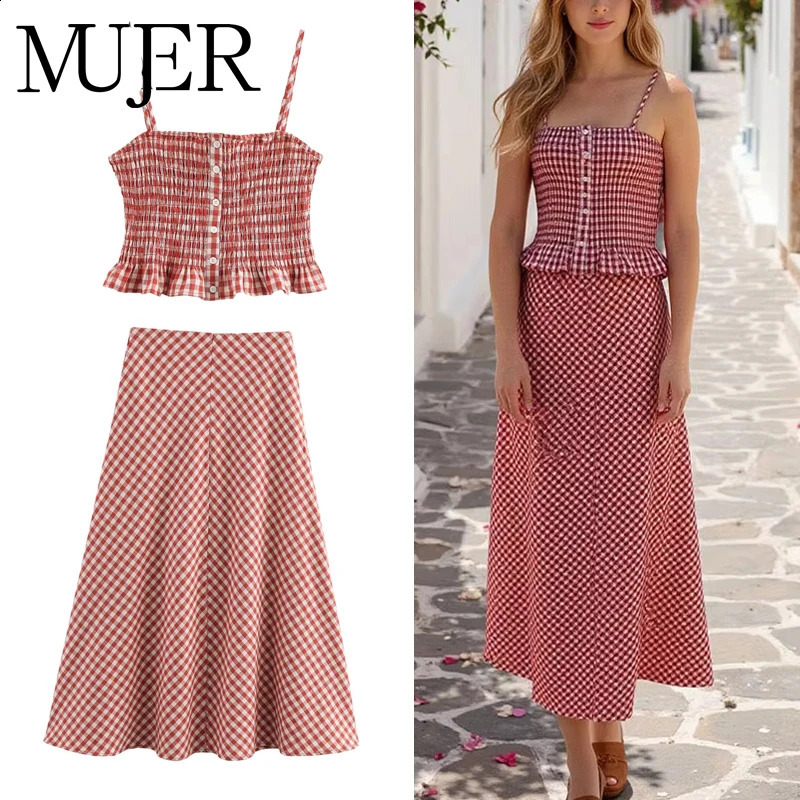 MUJER 2025 Plaid Long Skirt Sets for Women 2 Pieces Ruched Crop Top Woman Summer High Waist Midi Holiday Outfits 251016