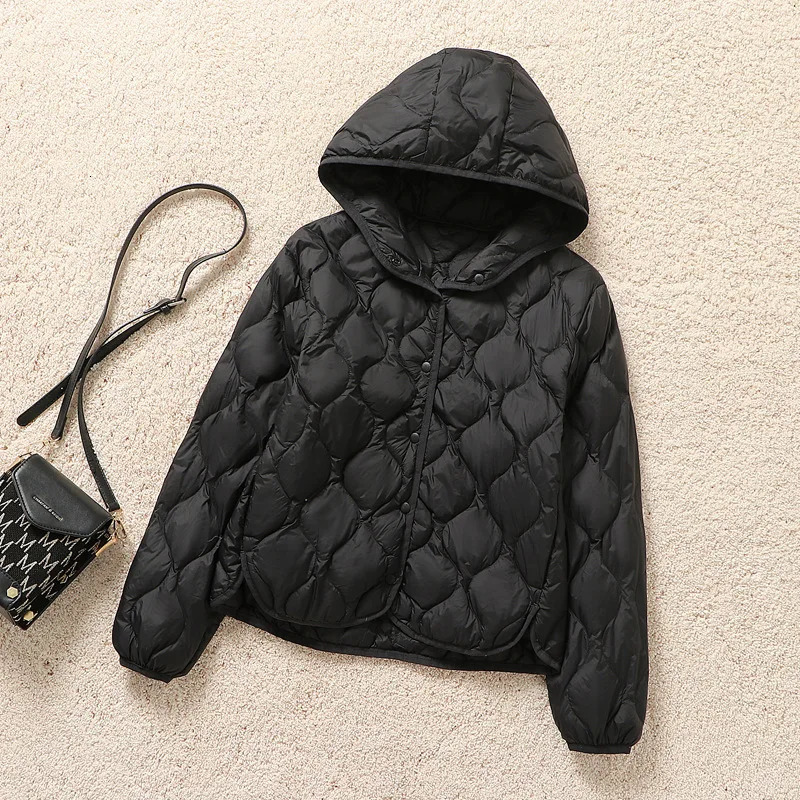 Autumn and Winter Womens Lightweight Down Jacket Fashion Warm Windproof Slim White Duck Down Hooded Mature Womens Jacket 251020