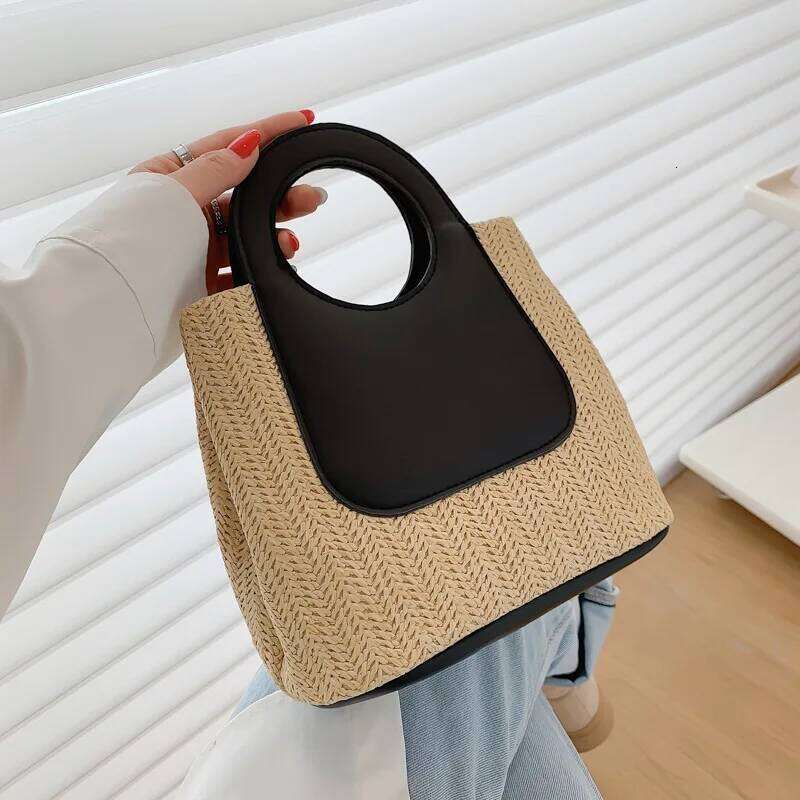 Summer Retro Clashing Color Splicing Straw Large Capacity Handmade Woven Bag Fashion Shoulder Handbag