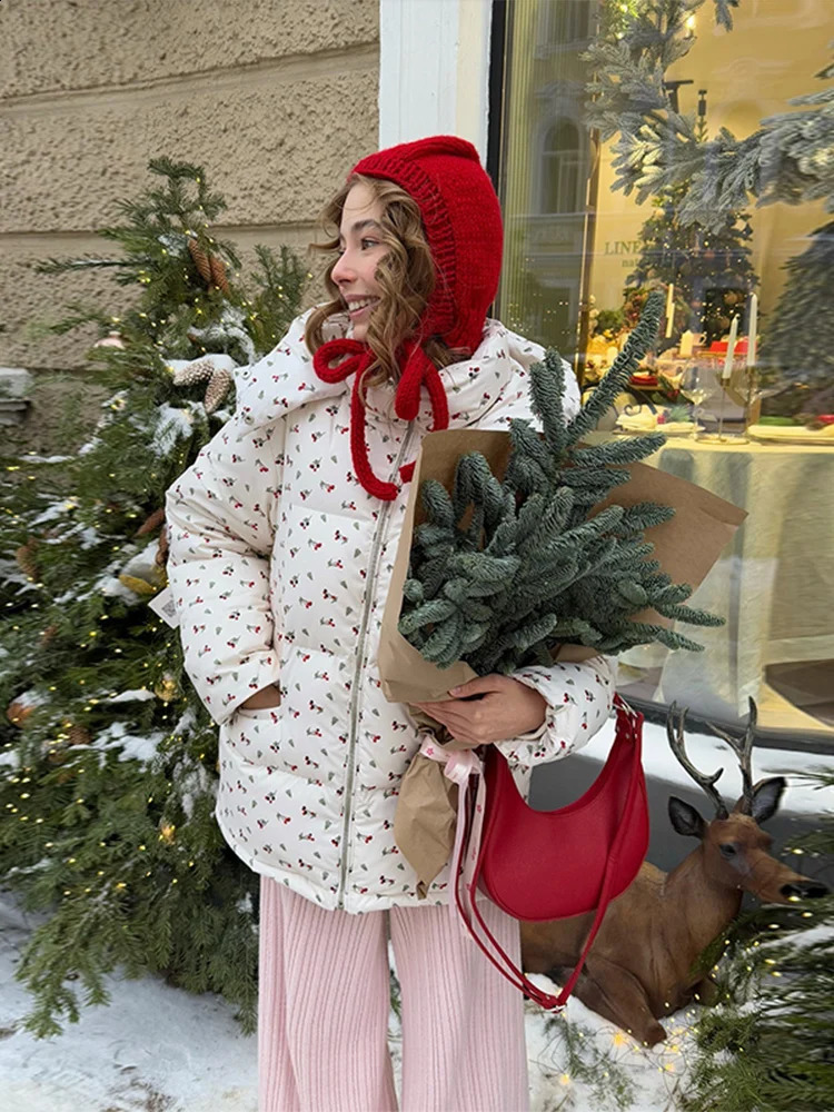 Floral Printed Quilted Womens Coats Detachable Hooded Thicken Long Sleeve Zipper Jacket Autumn Winter Daily All Match Outerwear 251021