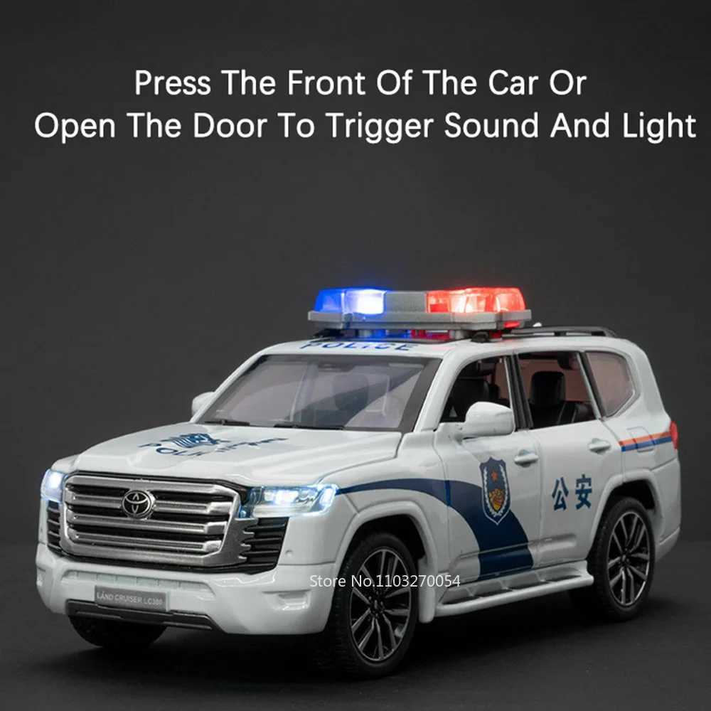 132 Prado Land Cruiser LC300 Police Car Metal Model Toy Alloy Diecast Vehice Rubber Tire Sound Light Pull Back Toy Gift for KidT251023