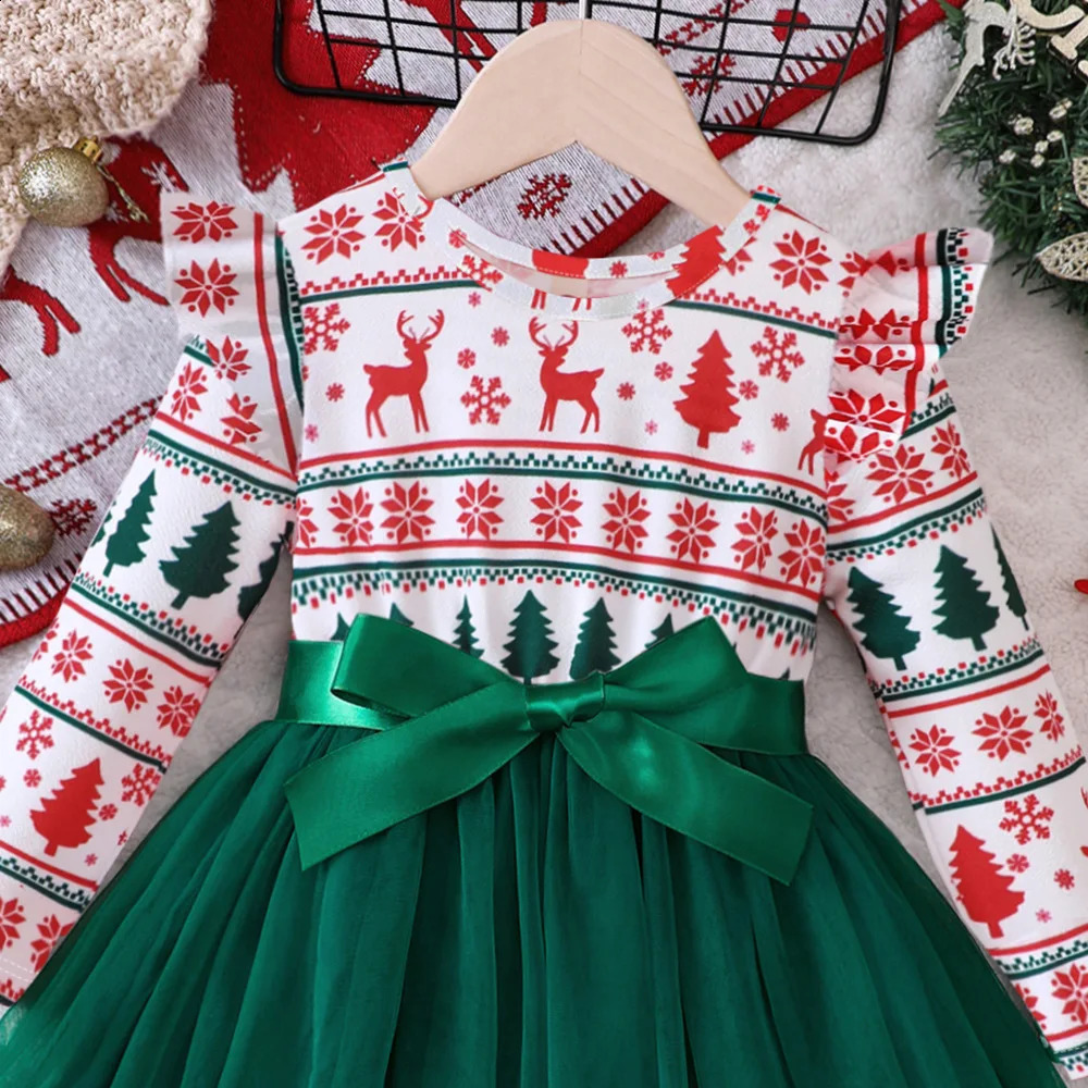 Kids Girls Christmas Dress Long Sleeve Outfits Toddler Girl Winter Clothes Party Dress Sheer Tulle For 2 3 4 5 6 7 Years 251022