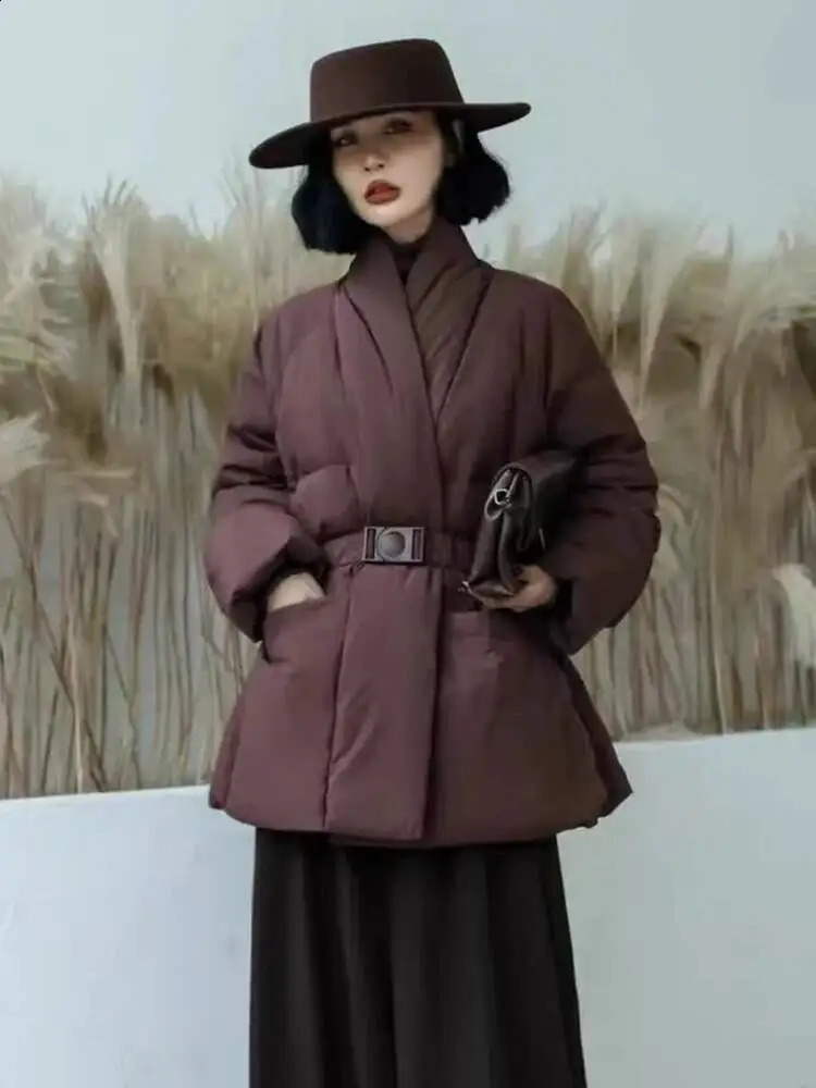 DEAT Fashion Brown Cottonpadded Coat Womens Vneck Loose Big Pockets Sashes Thick Warm Jacket Winter 251021