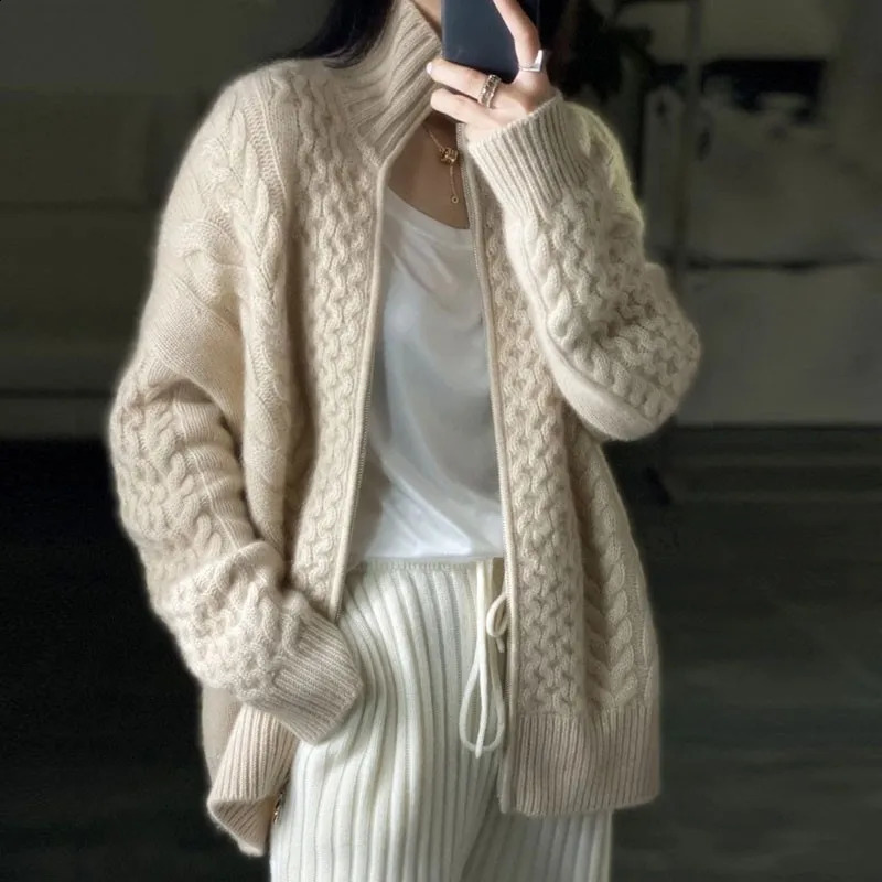 Autumn Winter Thick Turtleneck Cashmere Knitted Cardigan Women Casual Knit Loose Wool Sweater Larg Size Female Jacket Tops 251013