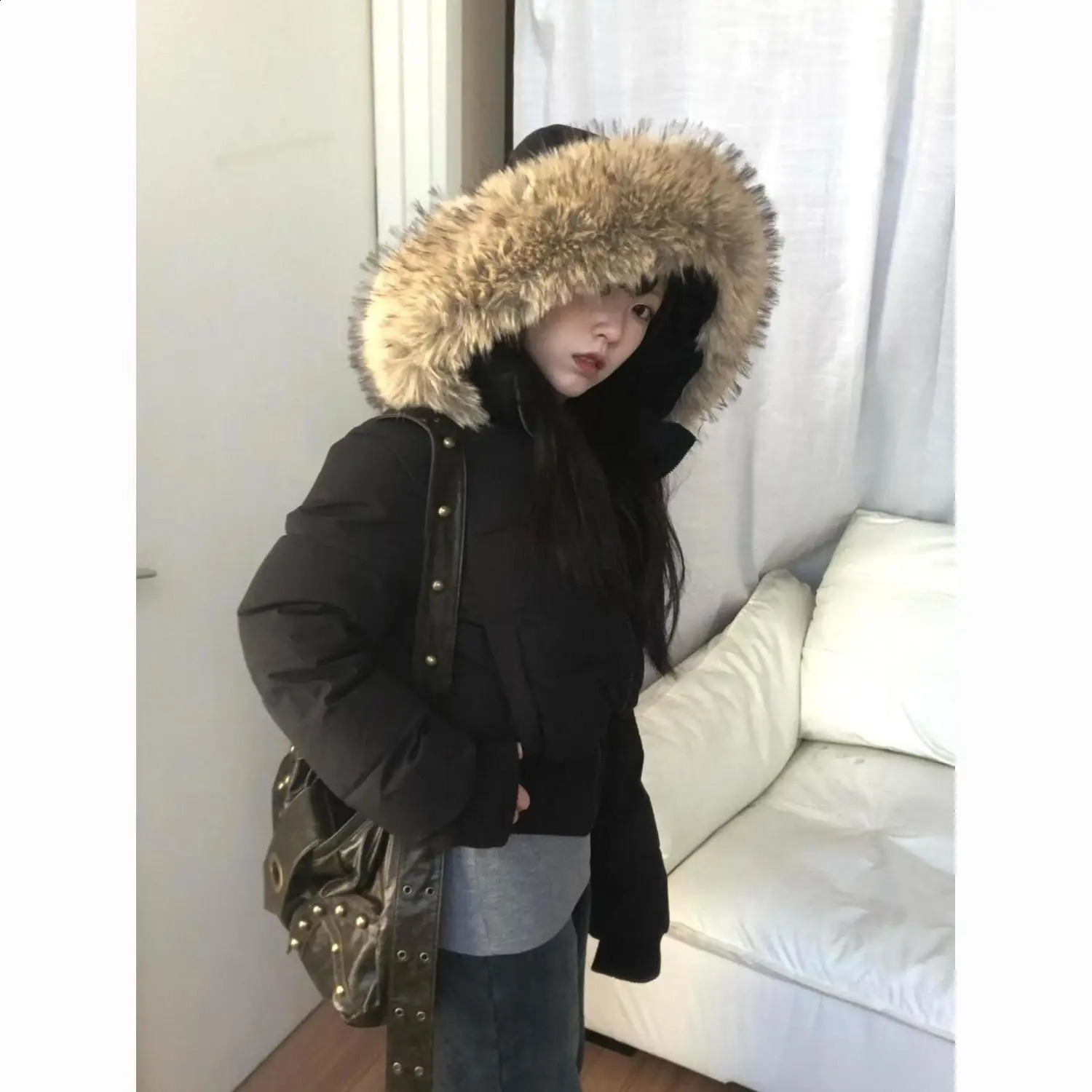 Korean Chic Slim Waist Short Parkas Y2k Harajuku Grunge Print Patchwork Fluffy Hooded Cotton Jacket Autumn Winter Warm Top 251021
