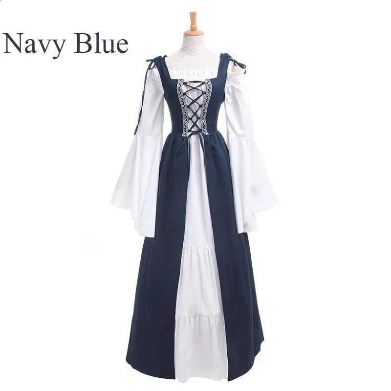 Retro Tie Waist Square Collar Middle Ages Renaissance Dress Full Sleeve round Neck Long Ankle Length Polyester Fiber 251022