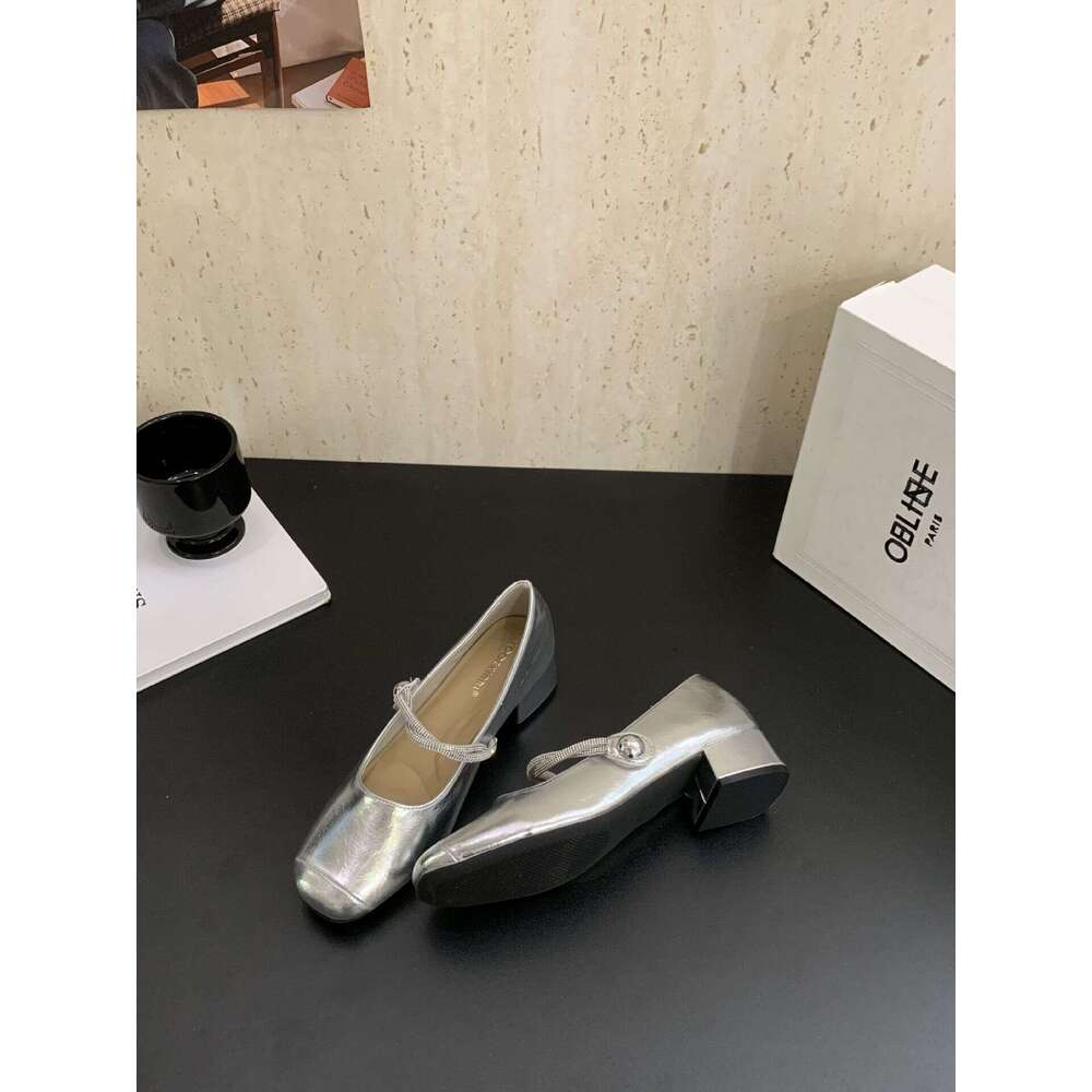 Mary Jane Chunky Heel Women's Square Toe Rhinestone Strap Single Shoes Designer Shoe 2025 Summer New Style