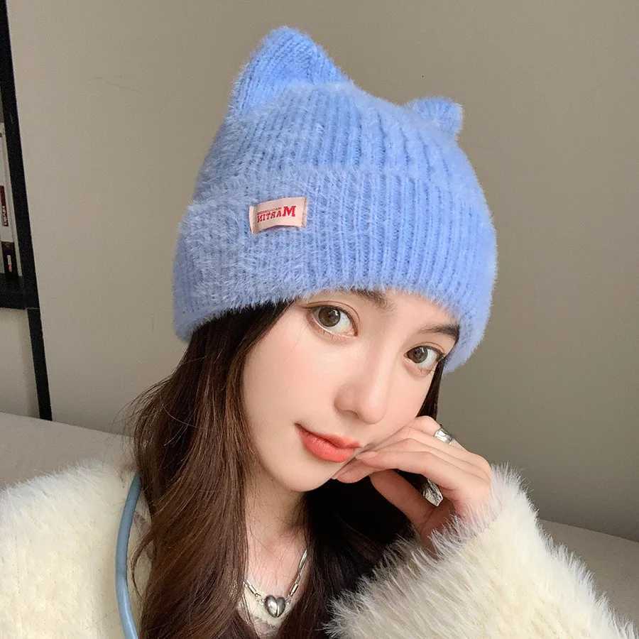 New Women Cute Cat Ear Earflap Winter Hat Fashion Faux Fur Knitted Hat Kpop Style Soft Beanie Hats Candy Female Streetwear CapXJ251023