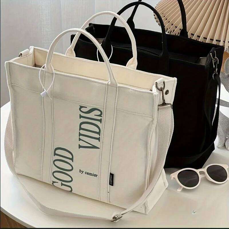 Letter Print Canvas Tote Comfortable Wide Strap Shoulder Bag, Literary Versatile Handbag Purse For School, Travel, Shopping