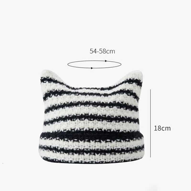 Unisex Cat Ear Stripe Knit Hat Japanese Style Winter Warm Couple Beanie Minimalist Cold Weather Outdoor Fashion Warm CapXJ251023