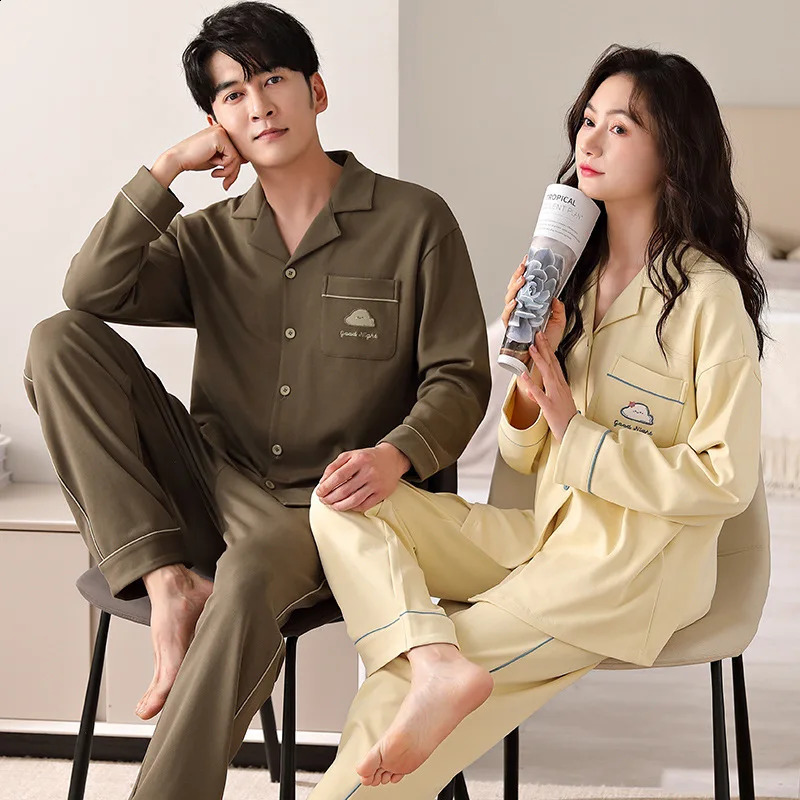 Solid Color Cotton Pajamas Set for Couples Women and Men Matching Sleepwear Long Sleeves Sleeping Top Trouser Cardigan Pijamas 251021