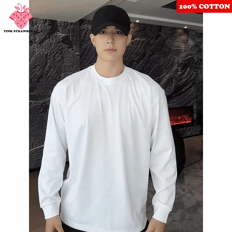 100 Cotton White Long sleeve Tshirt Men Autumn Solid color High quality Loose Casual Black Tee Y2k Top Men clothing 251020