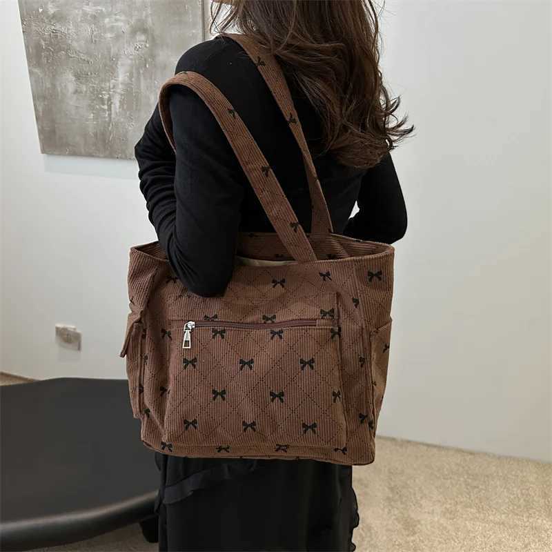 Bow Pattern Commuting Bag Corduroy Handbag Large Capacity Women Tote Bag Multipockets Fashion Shoulder Bag Casual Underarm BagsL251023