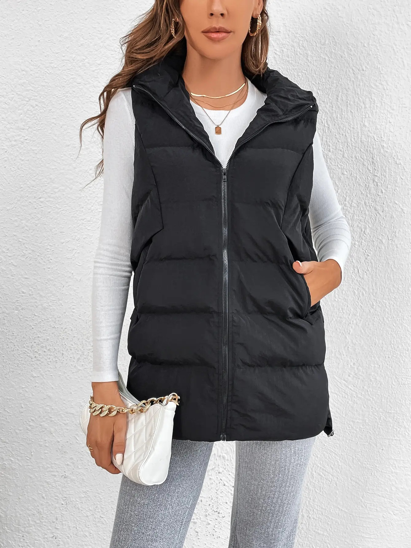 Crossborder Foreign Trade Europe and the United States Solid Color Cotton Jacket Hooded Long Zipper Vest Coat Female 251018