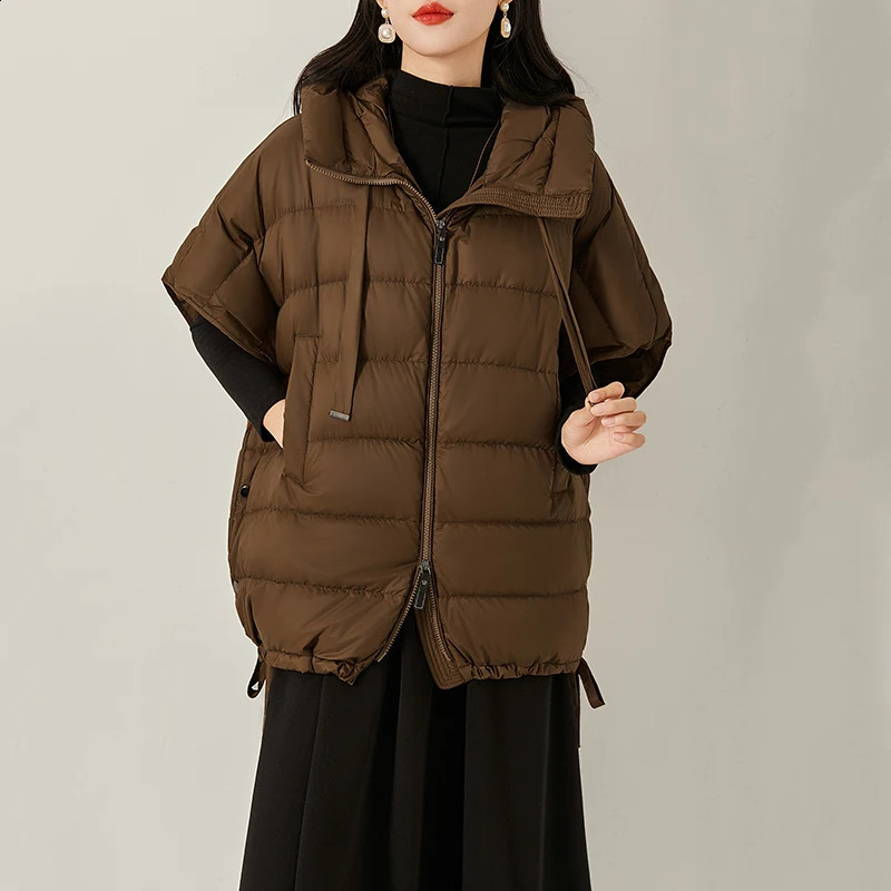 Schinteon Women 90 White Duck Down Irregular Vest with Hood Sleeveless Jacket Solid Fashionable Autumn Winter Top 251022