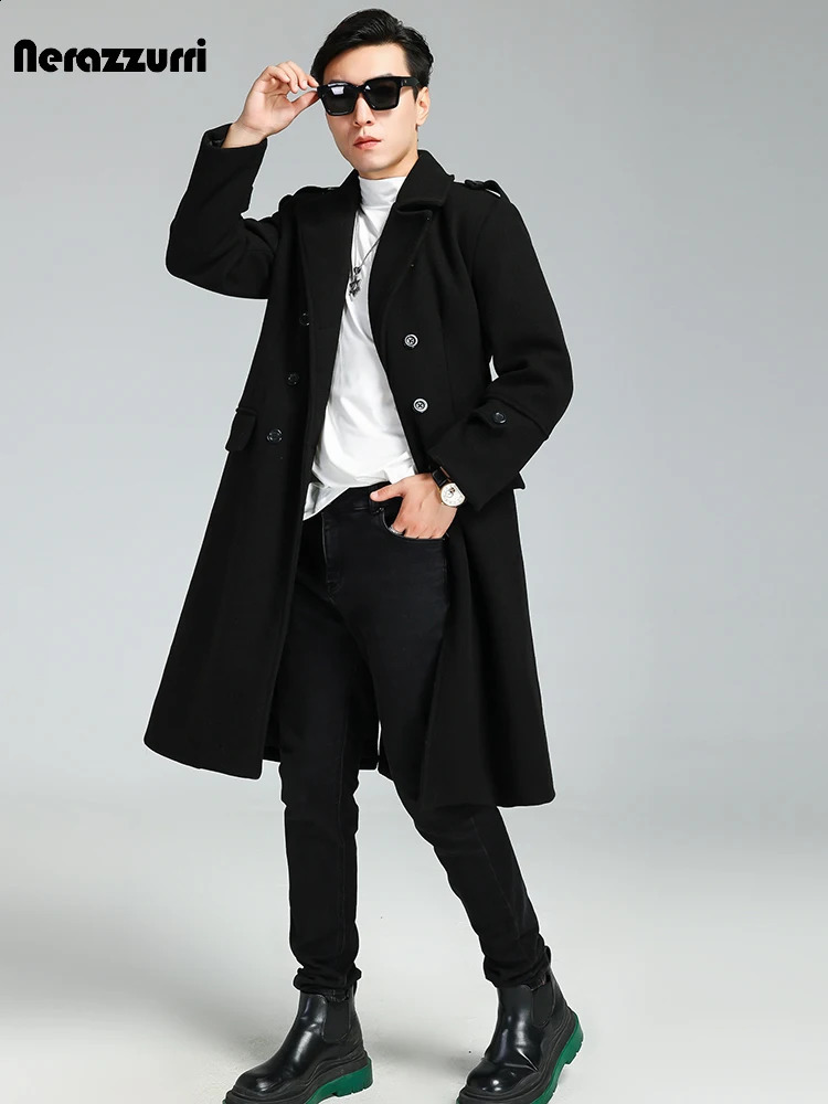 Nerazzurri Autumn Winter Long Elegant y Chic Navy Blue Warm Woolen Coat for Men Double Breasted Wool blends Overcoat 251023