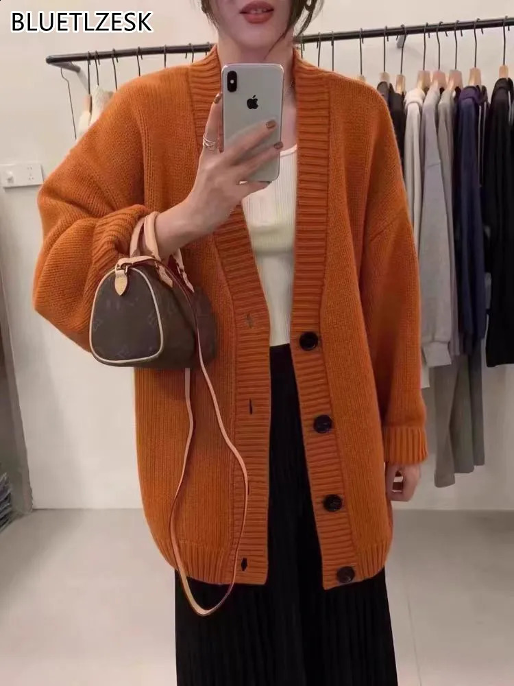 Autumn Winter High Quality Premium Knit Cardigan Womens 100Wool Cashmere Medium length Sweater Vneck Loose Coat Jacket Female 251013