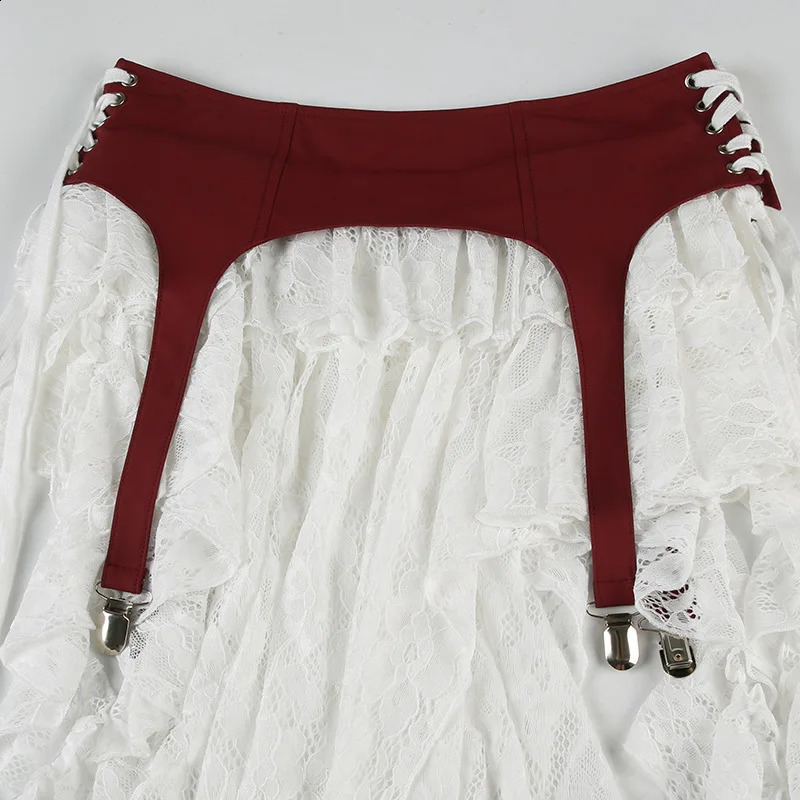 Gtpdpllt Sexy 2 Piece Set Red PU Leather Crop Top And Irregular Lace Ruffle Skirt Club Wear Raves Outfits 251016