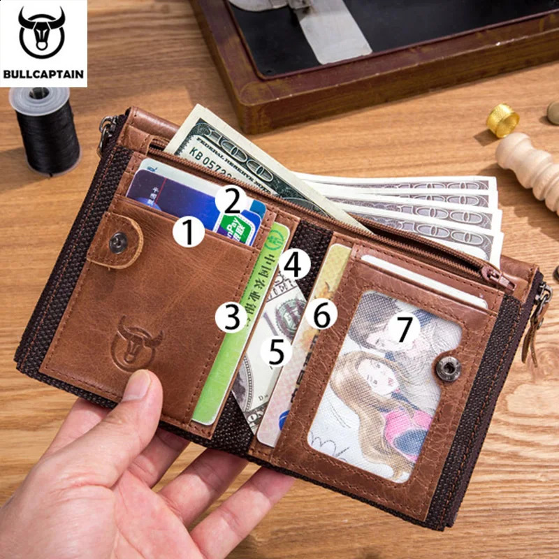 BULLCAPTAIN retro leather mens wallet leather zipper buckle short money wallet card holder coin purse RFID wallet QB06251023