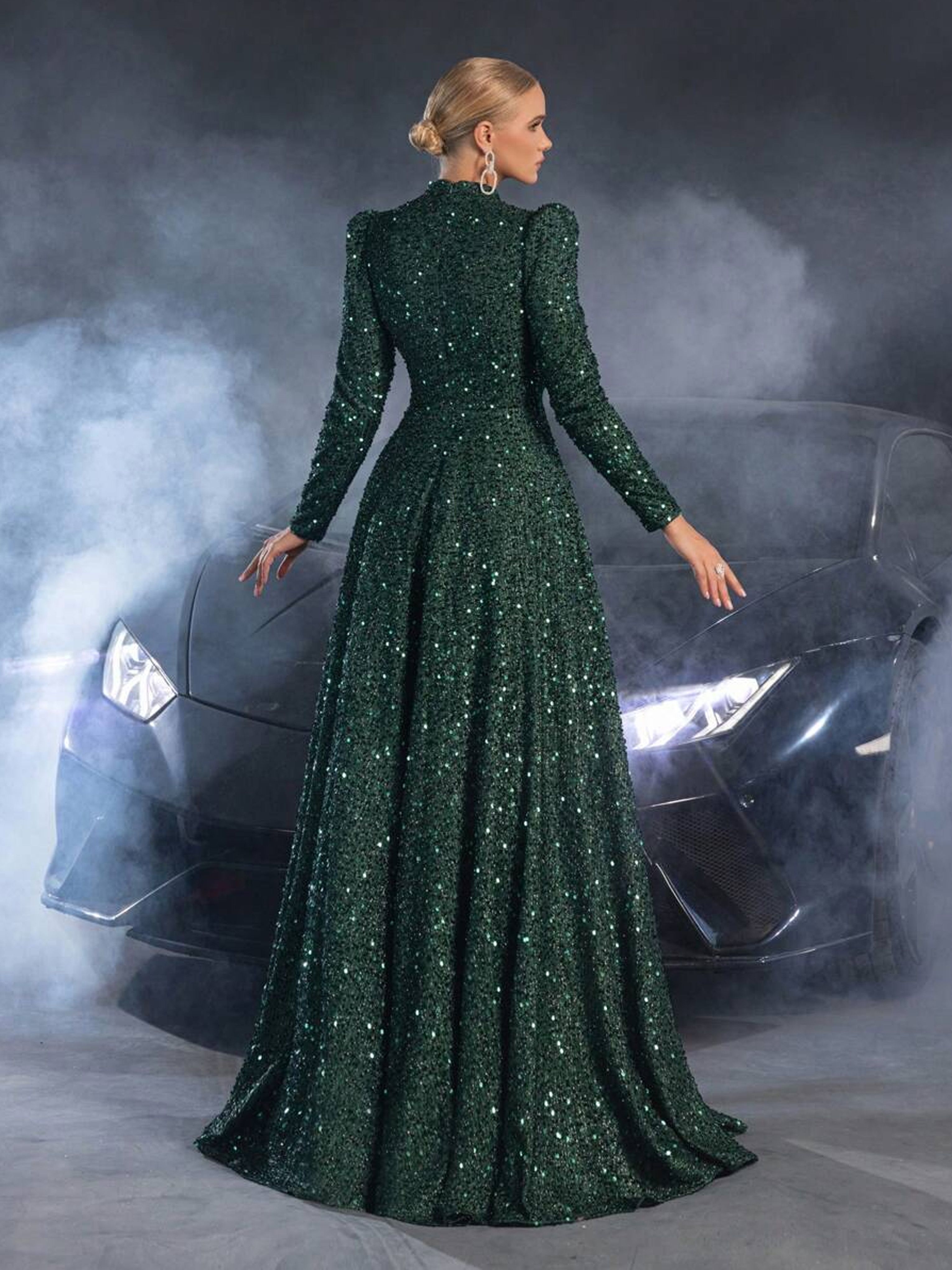 Women's Mememe Brand Shiny Sequin Evening Dress, Retro Puff Sleeve Voluminous Skirt Formal Gown (S-XL, Dark Green/Black/Apricot)-D375