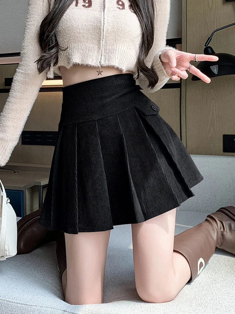 High Waisted Vintage Women Short Pleated Skirt With Pocket Autumn Winter Causal Sweet Corduroy ALine Skirts Lady 251022