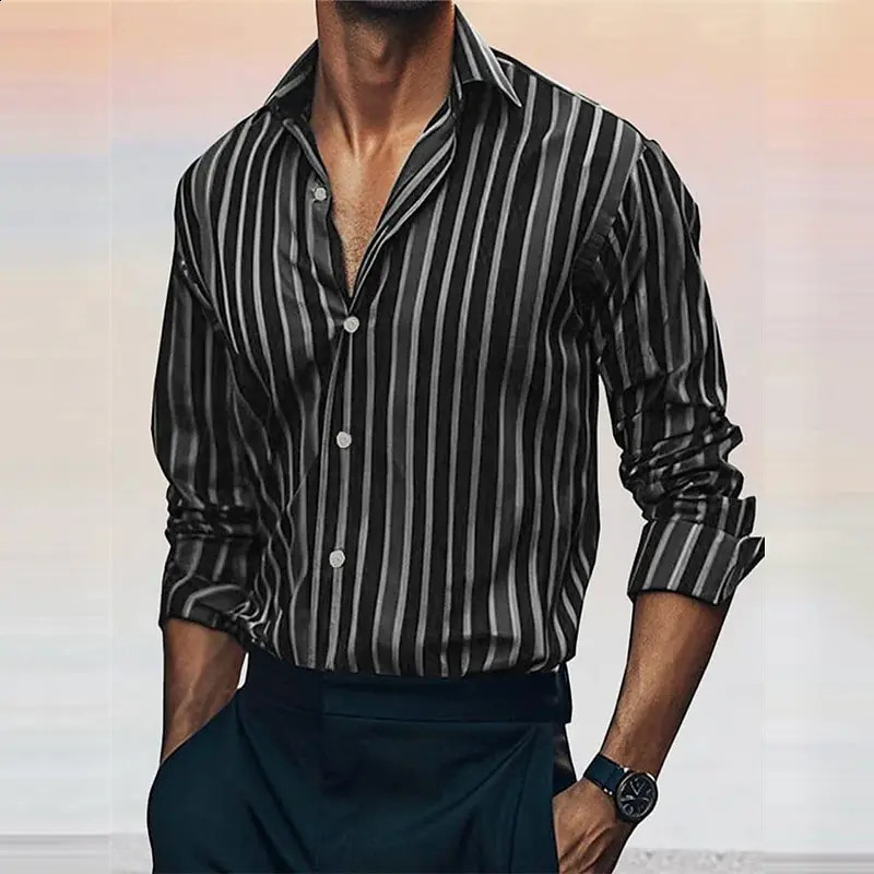 Fashion mens striped shirt stylish casual outdoor long sleeve lapel button soft and comfortable material plus size 251021