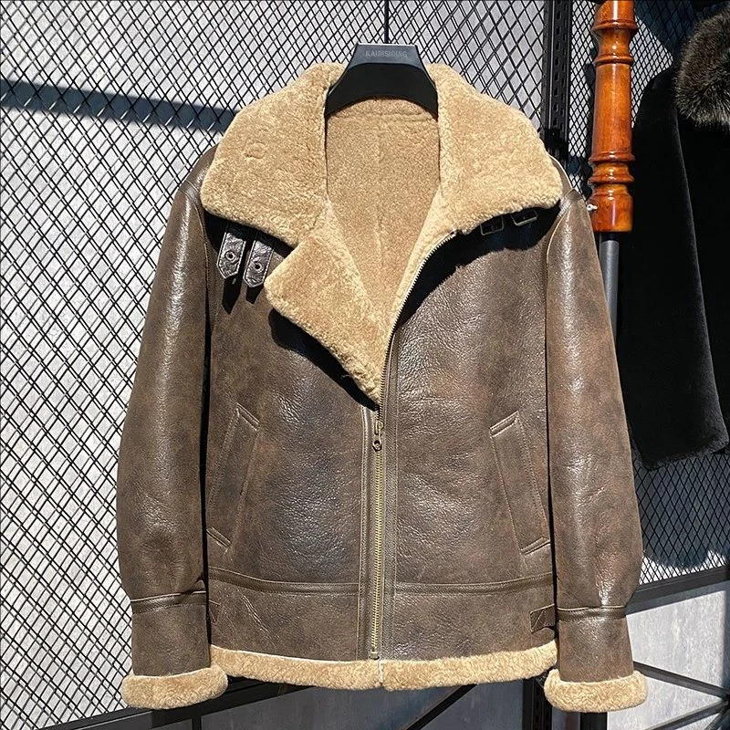 YRWholesales Matte real fur coatBrown Winter warm natural genuine leather jacketVintage B3 tpye sheep shearlingWool 251023