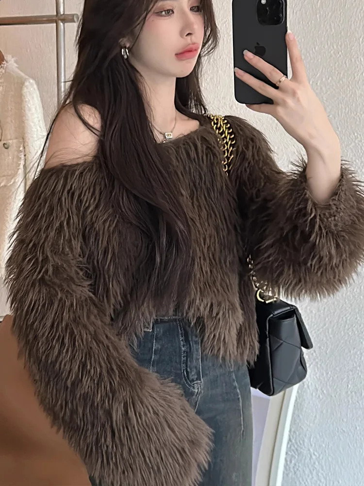 Fashion Fluffy Knitted Pullover Y2k Short Sweaters Women Sexy Off Shoulder Long Sleeve Tops Autumn Winter Womens Clothes 251023