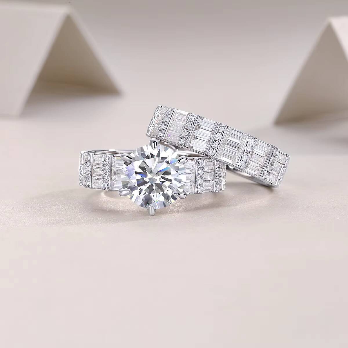 Zanlong 14883 Eternity Band 3ct Main Stone New Design 925 Sterling Silver 18K Gold Plated Moissanite Ring Set