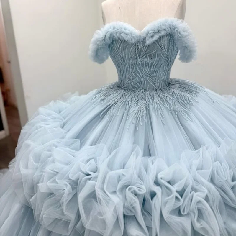 Sky Blue Shiny Quinceanera Dresses Off The Shoulder Sequin Beading Crystal Tiered Tull Ball Gown Vestidos De 15 Anos Sweet 16 Dress