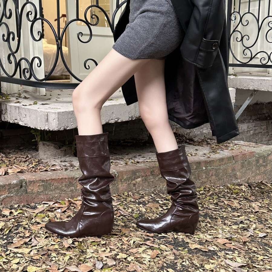 Soft Leather Chunky Heel Wrinkled Slouchy Riding 2025 Autumn New Style Internal Designer Shoe Height Increase Slim High Tube Long Boots