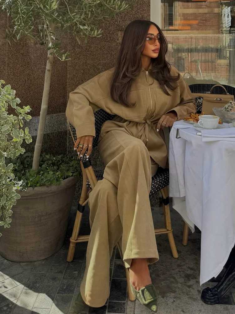 HH Women Long Sleeves Belt Lapel Zipper Pocket CoatHigh Waist Elastic Waist Drawstring Wide Leg Pants Autumn Chic 2Piece SetT251022