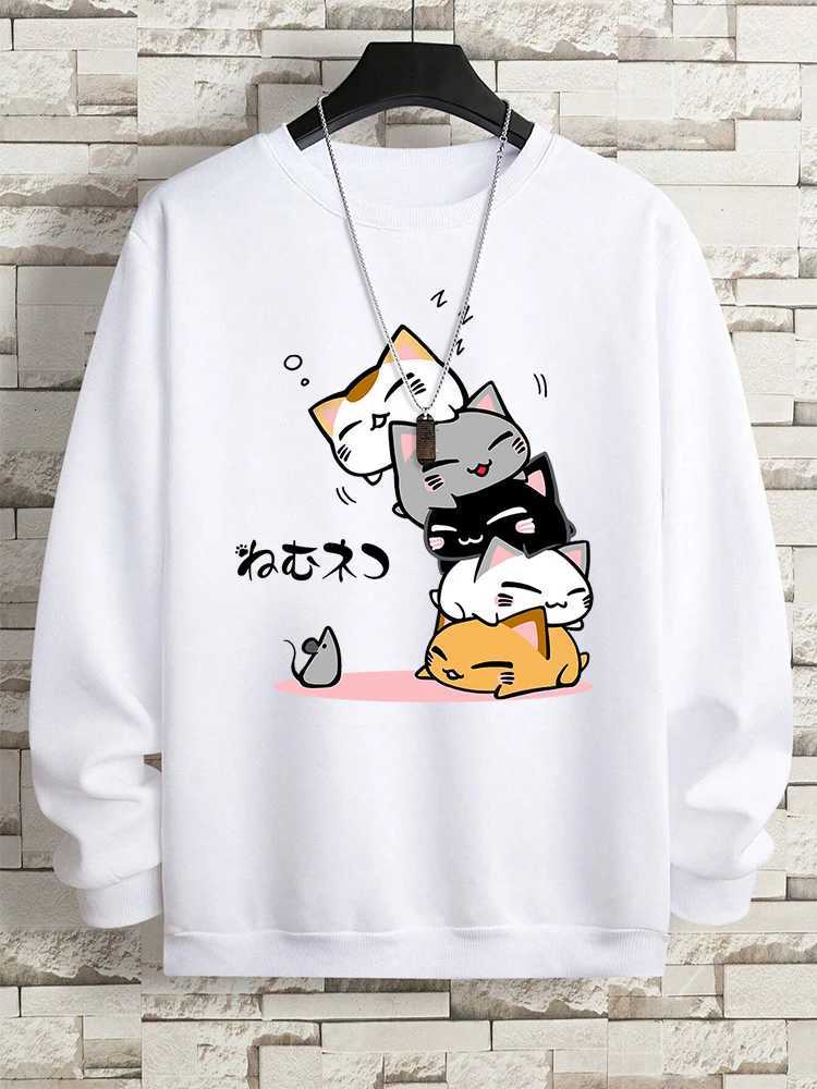 Cute Stacked Cats Sleep Clothing Man Hoody Hip Hop ONeck Sweatshirts Vintage Casual Loose Hoodies Autumn New Loose ClothesT251023