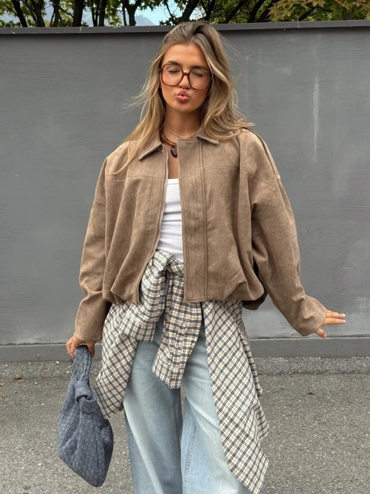 Winter Fashion Khaki Loose Suede Jacket Women Casual Turndown Collar Zipup Thick Coat 2025 Outerwear Streetwear 251018