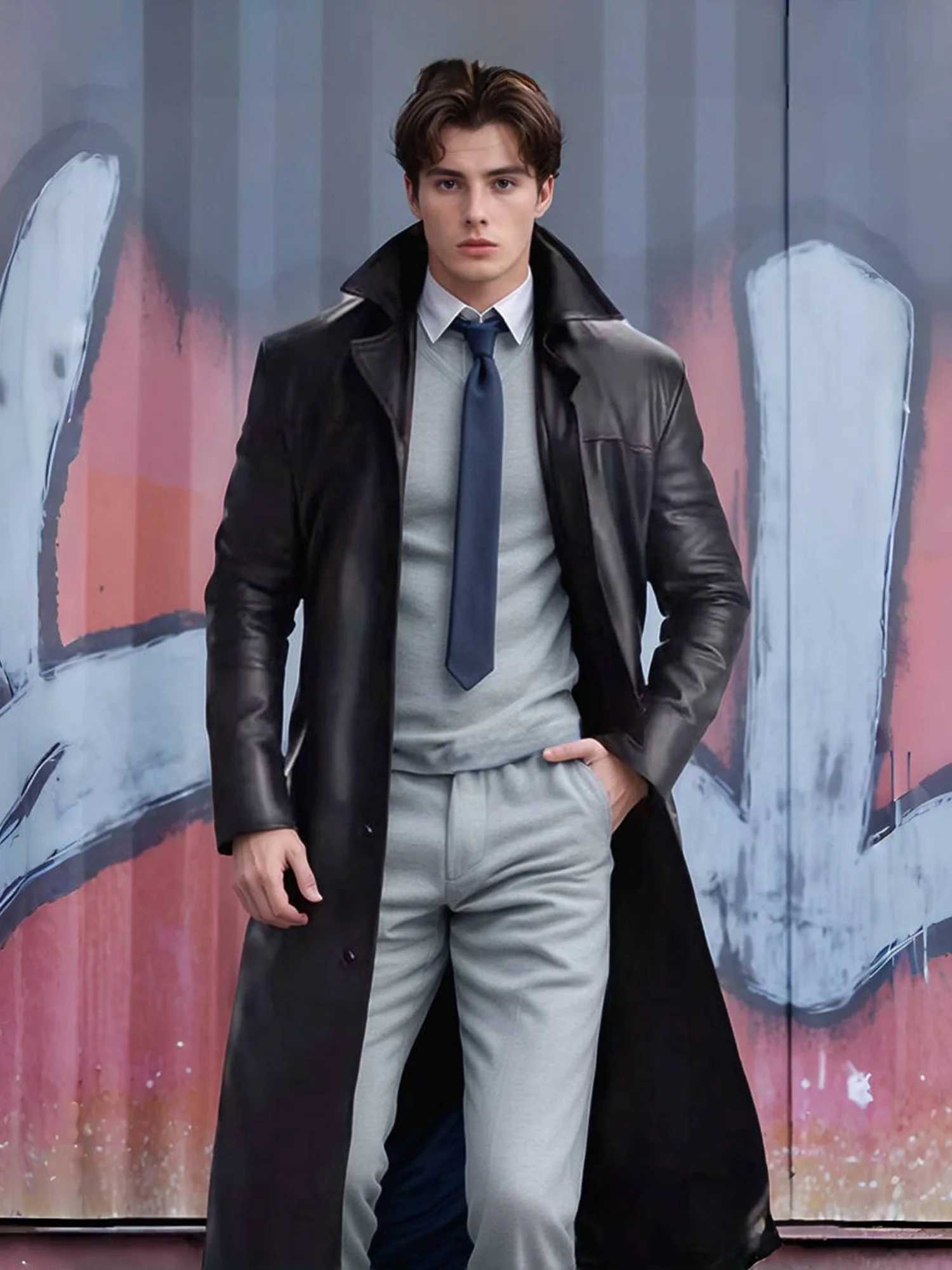 Men s Faux Leather Jacket Classic Lapel Collar Long Sleeve Button Closure Windproof Coat for Fall Winter Wardrobe W251023
