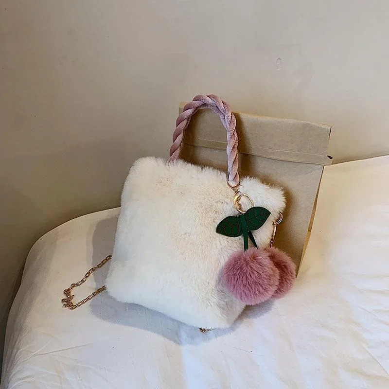 Cute Fashion Shoulder Bags Cherry Plush Tote Bag For Women Winter Warm Fluffy Bucket Simple Handbag 251018