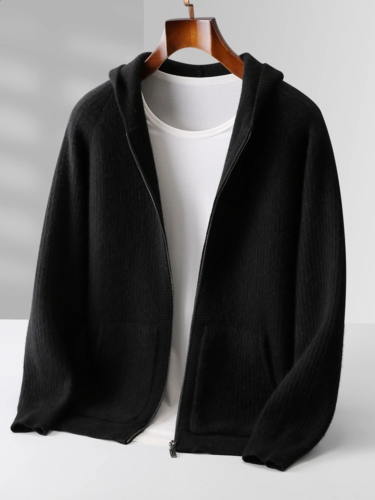 Men Hooded Zippers Cardigan Sweater 100 Merino Wool Knitwear Jacquard Raglan Sleeve Thicken Casual Cashmere Autumn Winter Coat 251023