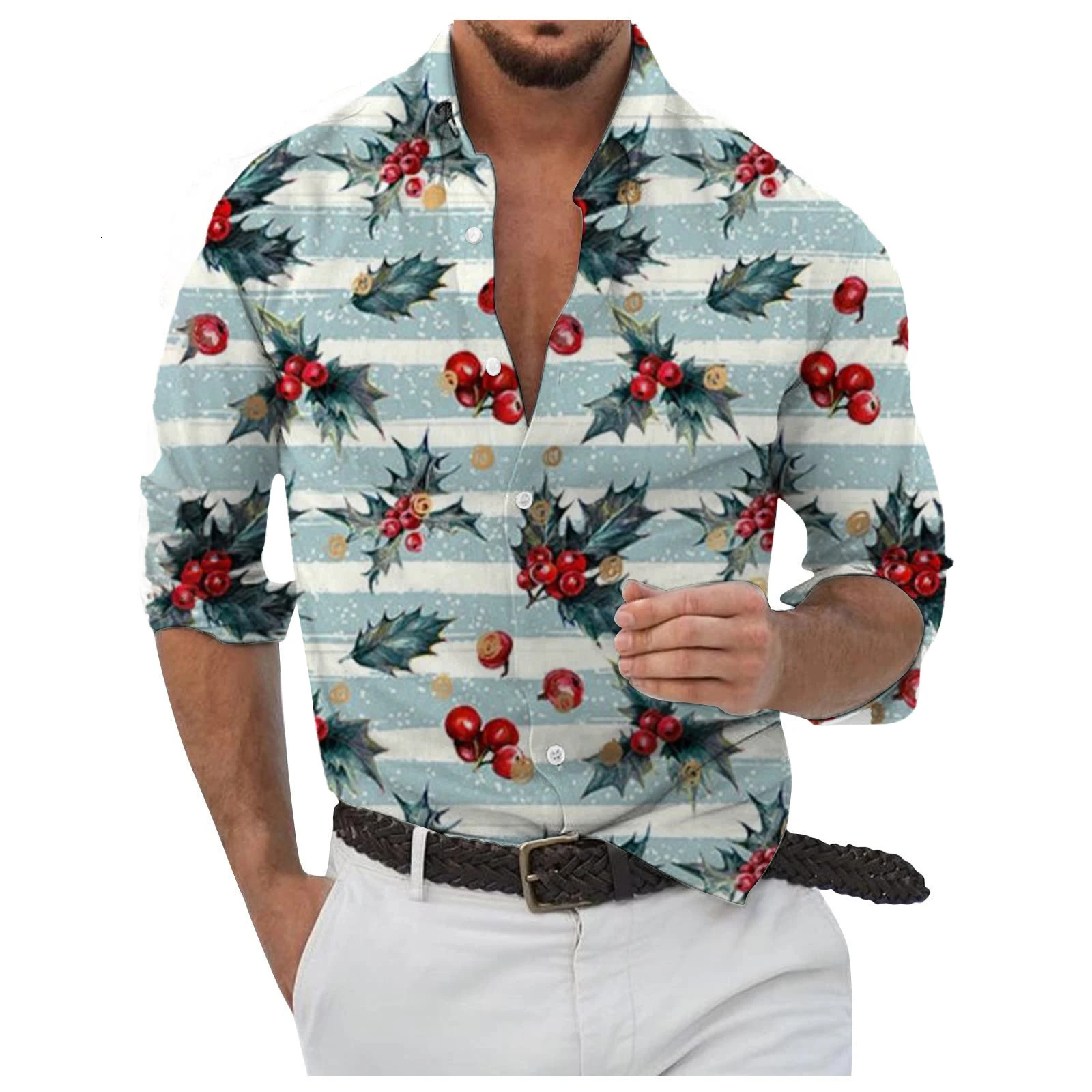 Mens Christmas Elements Casual Shirts 3D Print Jingle Bell Graphic Long Sleeve Shirt Loose Comfortable TurnDown Collar Clothes 251016