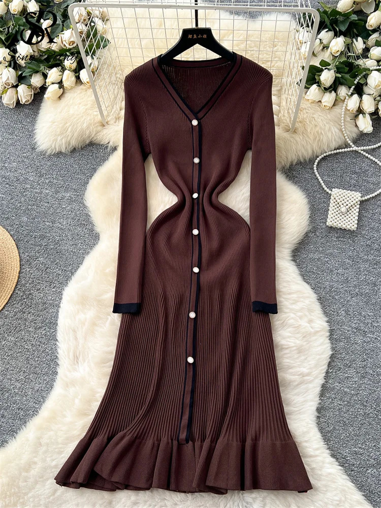 SINGREINY Autumn Women Fishtail Long Dress V Neck Single Breasted Elastic Sheath n High Quality Knitting Sweater 251022