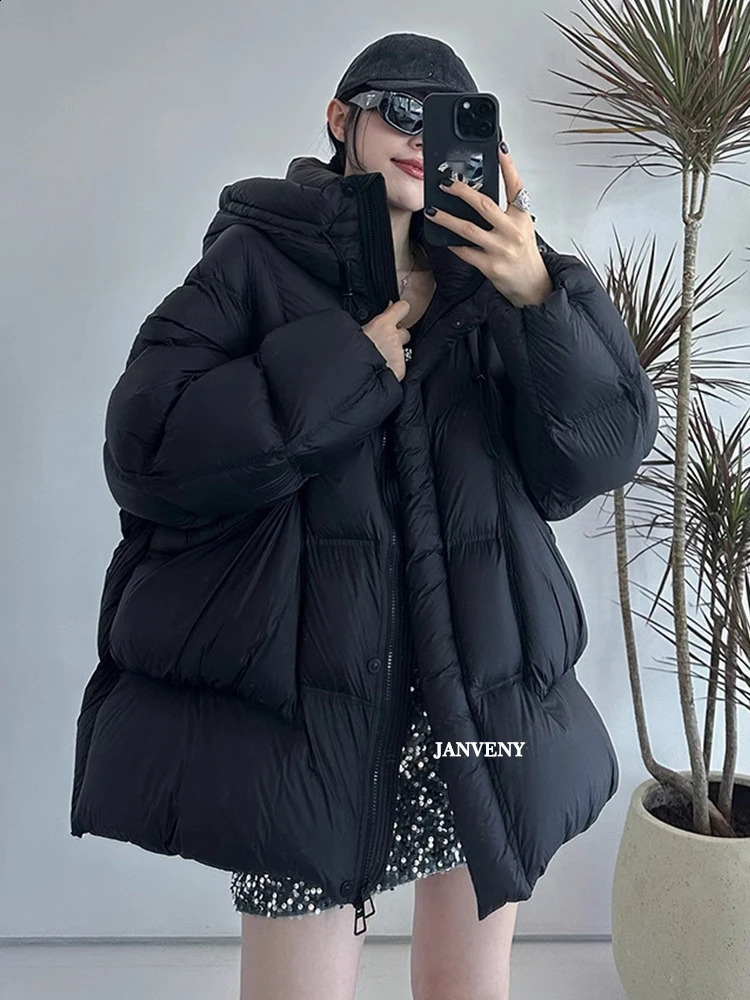 Janveny Winter Thickened Puffer Down Jacket Women Warm Hooded Medium Length Loose Solid Color 90 White Duck Coat 251022
