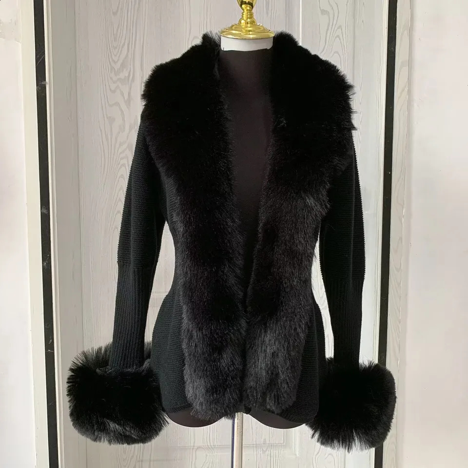 Women faux fur knitted cardigan with fox whole collar Autumnwinter y fashion sexy artificial 251022