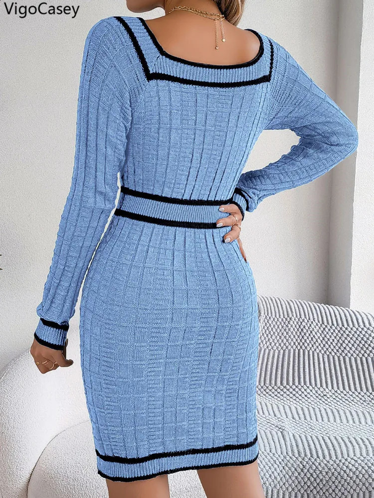 VigoCasey Women Blue Bodycon Knit Dress Autumn Winter Casual Long Sleeve Lady Square Neck Knitted Dresses 251022