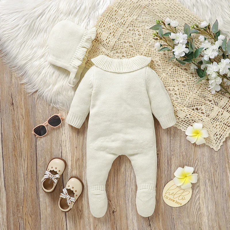 born Baby Romper Knitted Infant Boy Girl Jumpsuit Outfits Long Sleeve Autumn Kid Clothes Hat 2PCS 09M Overalls Fashion Solid 251023